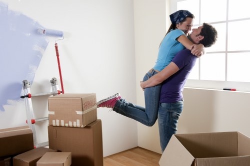 Boxes and unpacked belongings arranged neatly after relocation